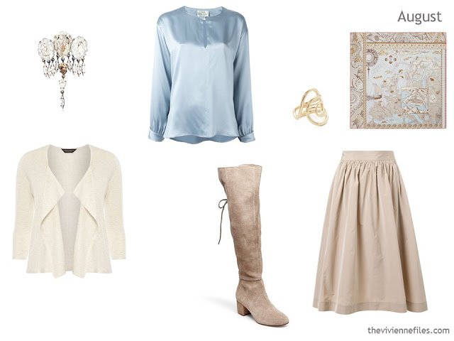 cardigan, blouse and skirt in cream, soft blue and beige