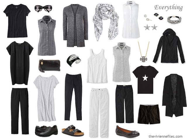 a 16-piece warm-weather travel capsule wardrobe in black and white, with accessories