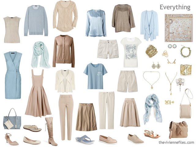 Capsule wardrobe in beige, ivory and soft blue