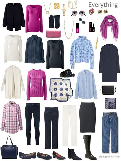 16-piece travel capsule wardrobe in navy, hot pink, light blue and ivory, with accessories
