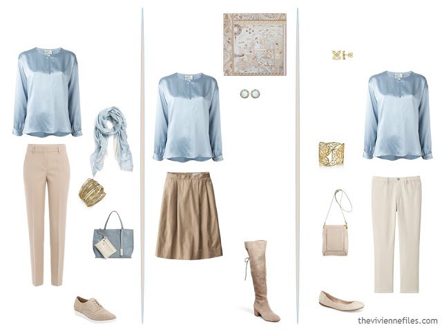 3 ways to wear a blue blouse, with beige