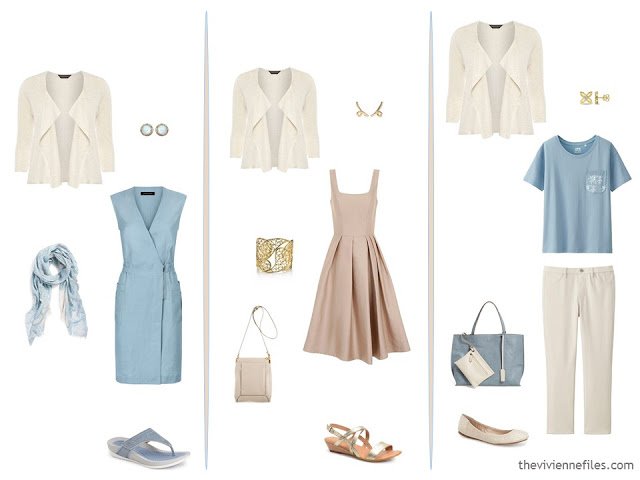 3 ways to wear a cream cardigan, with blue and beige