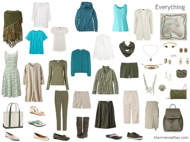 capsule wardrobe in olive, ivory and teal