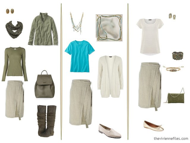 3 ways to wear a beige skirt with olive, turquoise and ivory