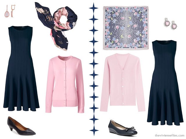 Two ways to wear a navy dress with pale pink