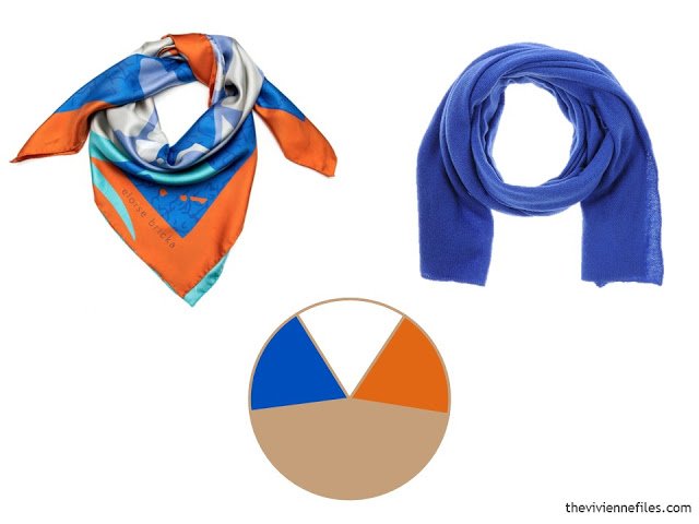 two scarves, in orange, bright blue and white, with a color scheme including beige