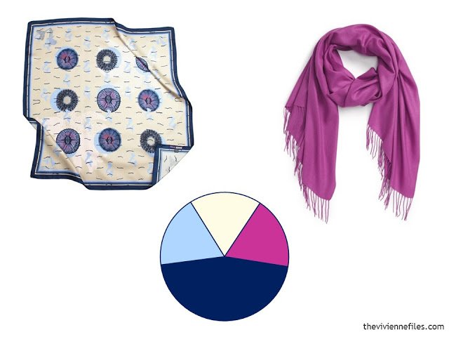 Two scarves and a color scheme wheel, in navy, ivory and hot pink