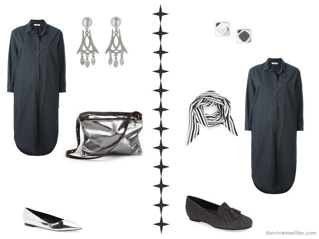 how to accessorize a grey shirtdress: silver, or black, white and grey