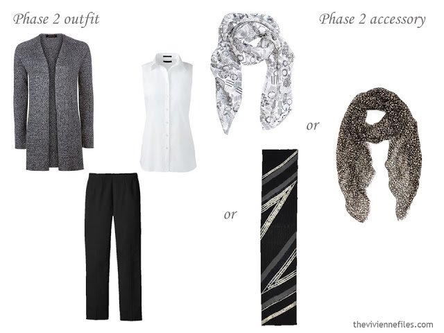 a choice of black and white scarves to wear with a travel outfit