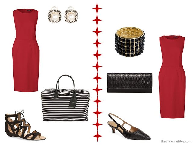 How to wear a red dress with black and white accessories, or black woven accessories