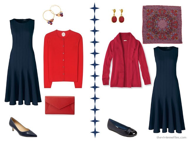 2 ways to wear a navy dress with red accessories