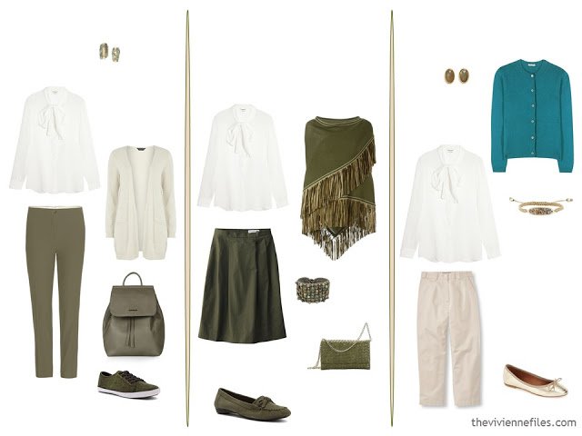 3 ways to wear an ivory blouse with olive, teal and beige
