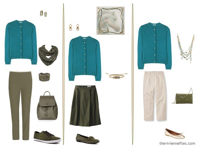 3 ways to wear a teal cardigan with olive and beige