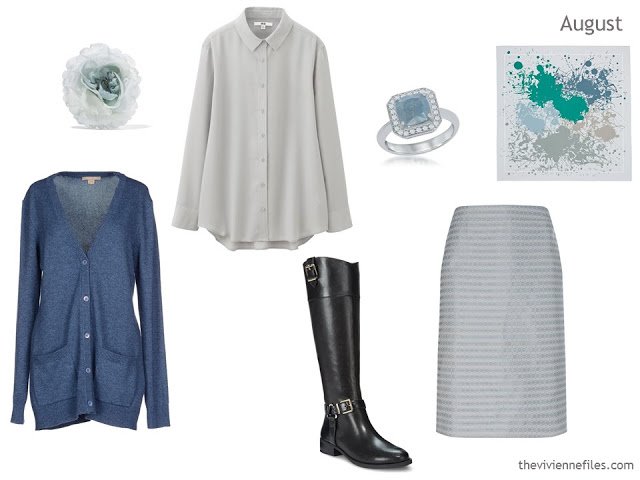 cardigan, blouse and skirt outfit in steel blue and grey
