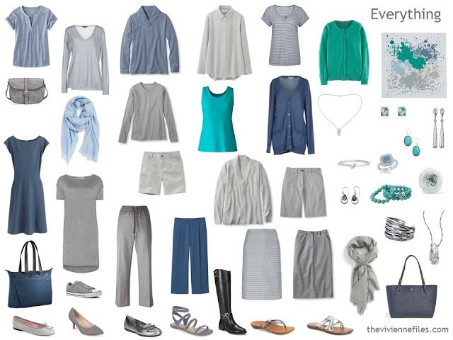 capsule wardrobe in slate blue, grey and turquoise