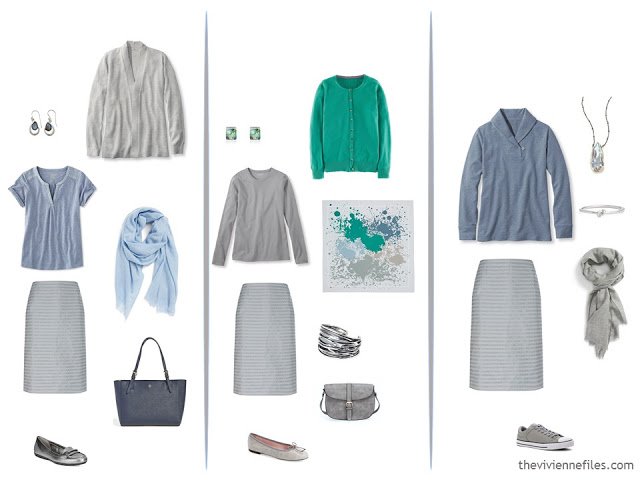 3 ways to wear a grey skirt, with petrol blue and turquoise