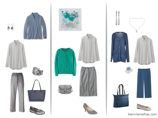 3 ways to wear a grey shirt, with slate blue and green