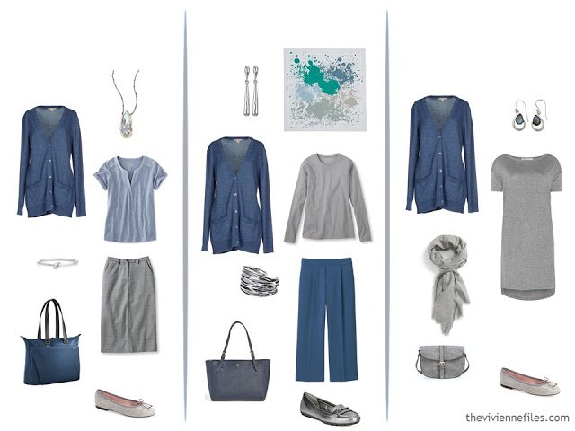 3 ways to wear a slate blue cardigan, with grey