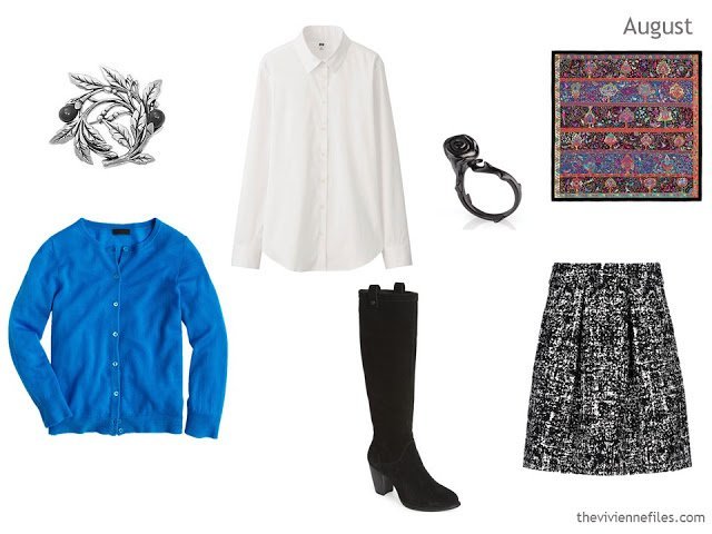 cardigan, blouse and skirt outfit in cobalt, white and black