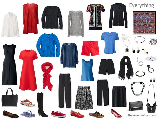 capsule wardrobe in black, white, red and bright blue