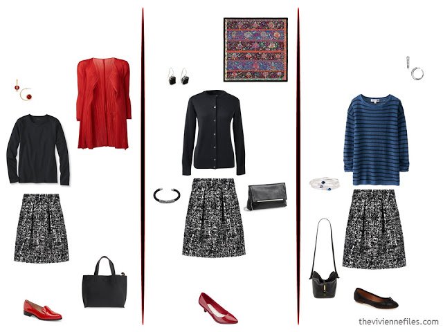 3 ways to wear a black and white tweed skirt, with red, black, and bright blue