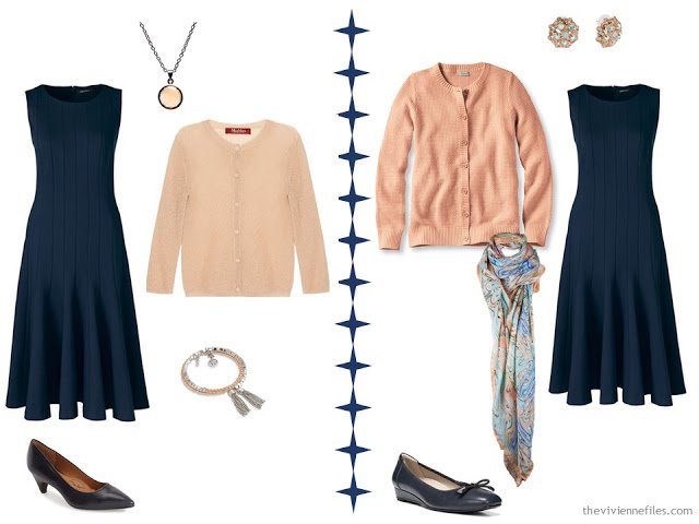 Two ways to wear a navy dress with peach