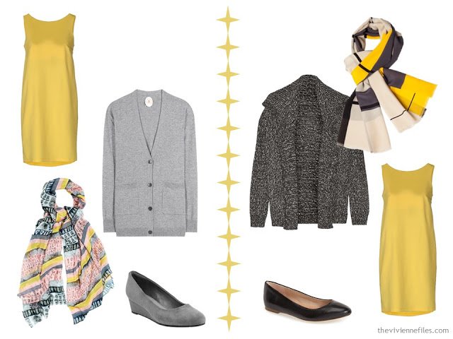 Two ways to wear a yellow dress with grey