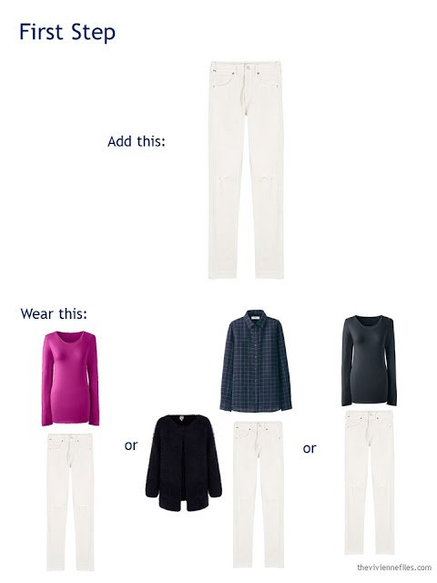 adding a pair of cream jeans to a travel capsule wardrobe