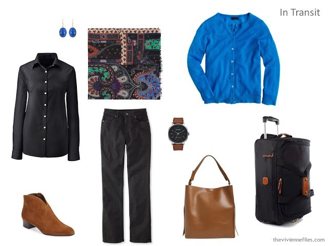 A travel capsule wardrobe in black, blue, and brown inspired by Art: Wing of a European Roller by Albrecht Durer