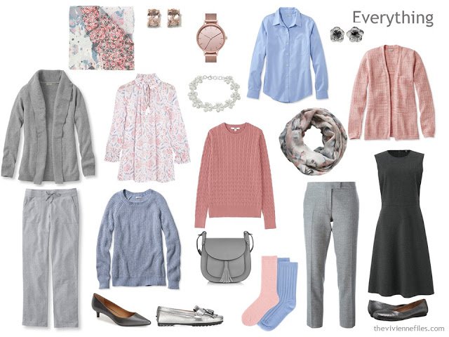 travel capsule wardrobe in grey, peach and light blue