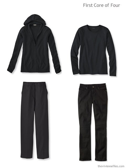 core of four garments - two tops and two bottoms - in black, for cool weather