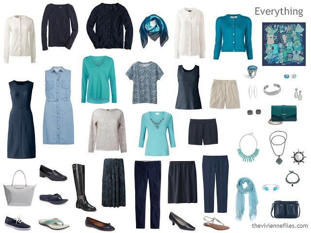 Capsule Wardrobe in navy, cream and teal or turquoise