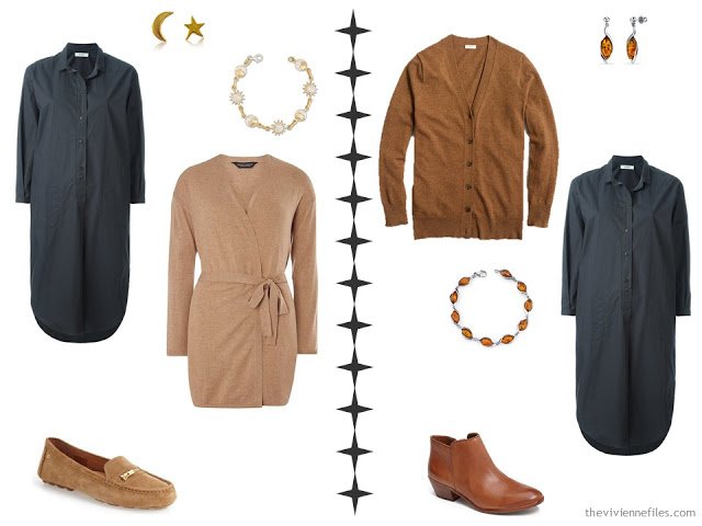 How to accessorize a grey dress with camel or caramel