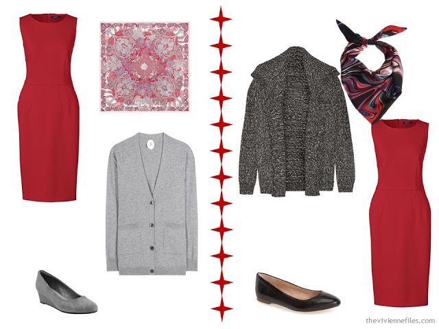 How to wear a red dress with a grey cardigan