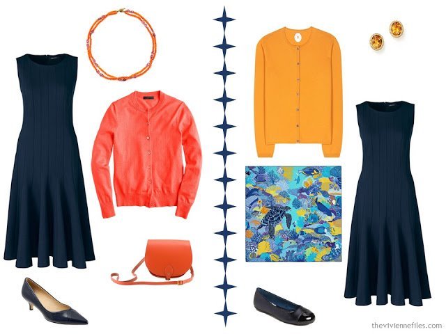 2 ways to wear a navy dress with coral or orange accessories