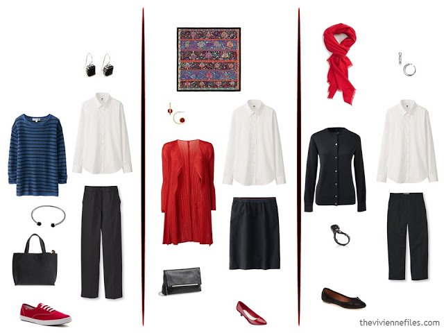 3 ways to wear a white blouse, with black, red and bright blue