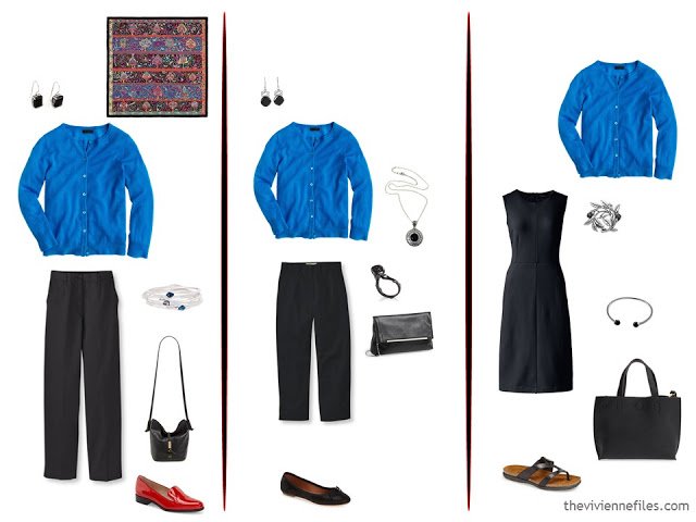 3 ways to wear a bright blue cardigan, with black