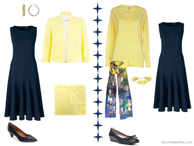 Two ways to wear a navy dress with light yellow