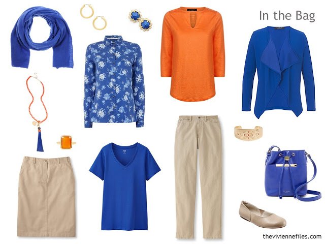 travel capsule wardrobe in tan, bright blue and orange