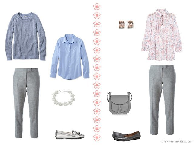 two travel outfits in grey, peach and light blue, with grey pants