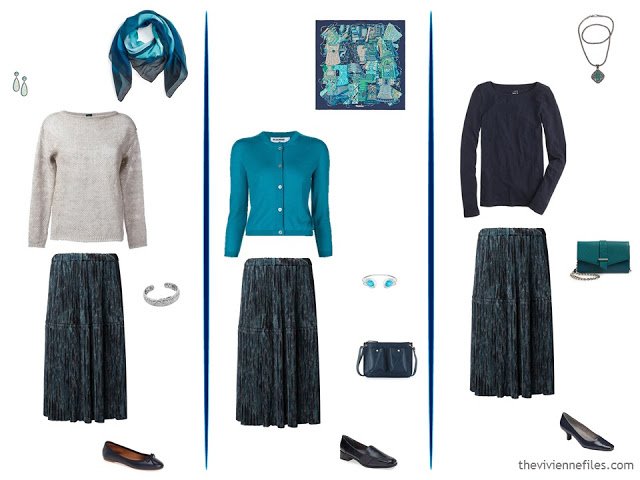 three ways to wear a navy patterned skirt