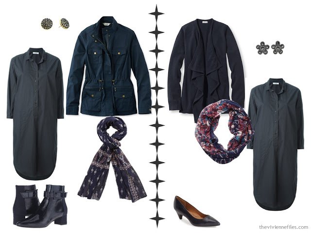 How to accessorize a dark grey dress with navy 