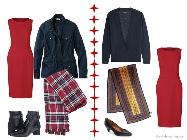 How to wear a red dress with a navy jacket or cardigan