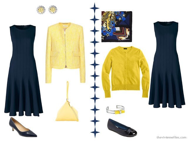2 ways to wear a navy dress with yellow accessories