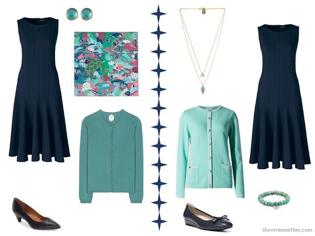 Two ways to wear a navy dress with light green