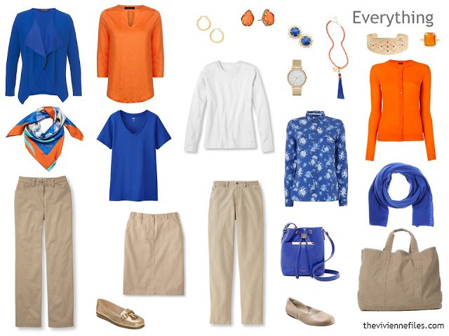 travel capsule wardrobe in tan, bright blue and orange