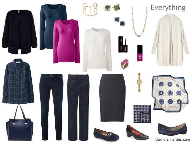 travel capsule wardrobe for cool weather, in navy, hot pink and ivory