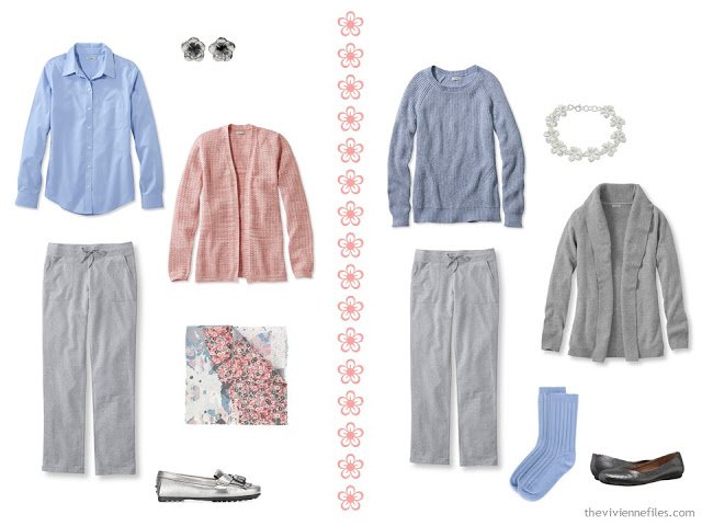 two travel outfits in grey, peach and light blue, with grey sweatpants