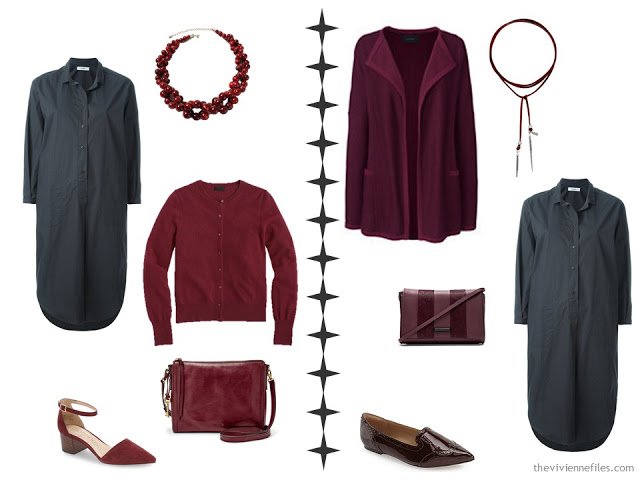 How to accessorize a grey dress with bright red or deeper burgundy