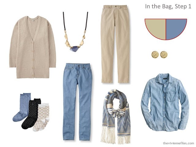 adding beige and denim pieces to a travel capsule wardrobe